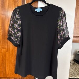 CeCe Black Top with Floral Mesh Sleeves